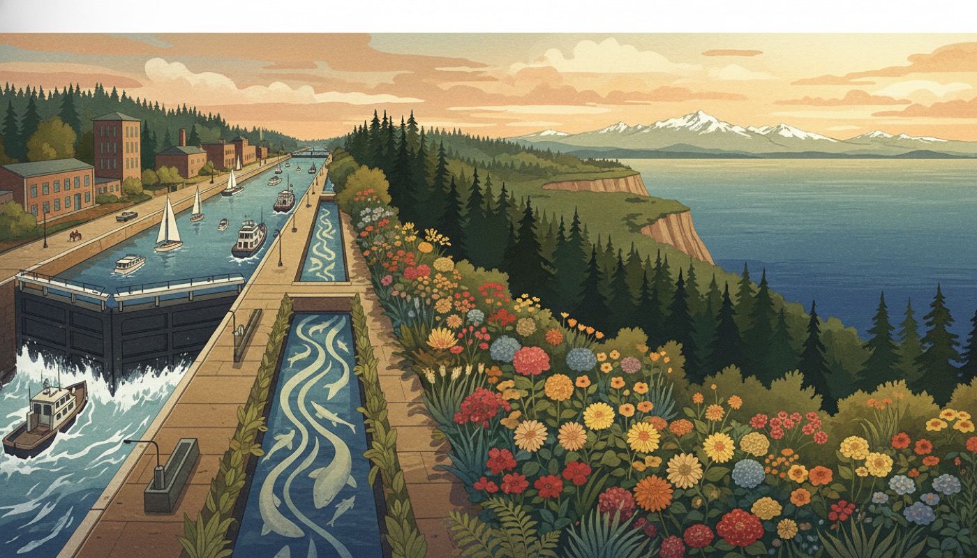 Illustration of Ballard Locks and Discovery Park as a Seattle day outing