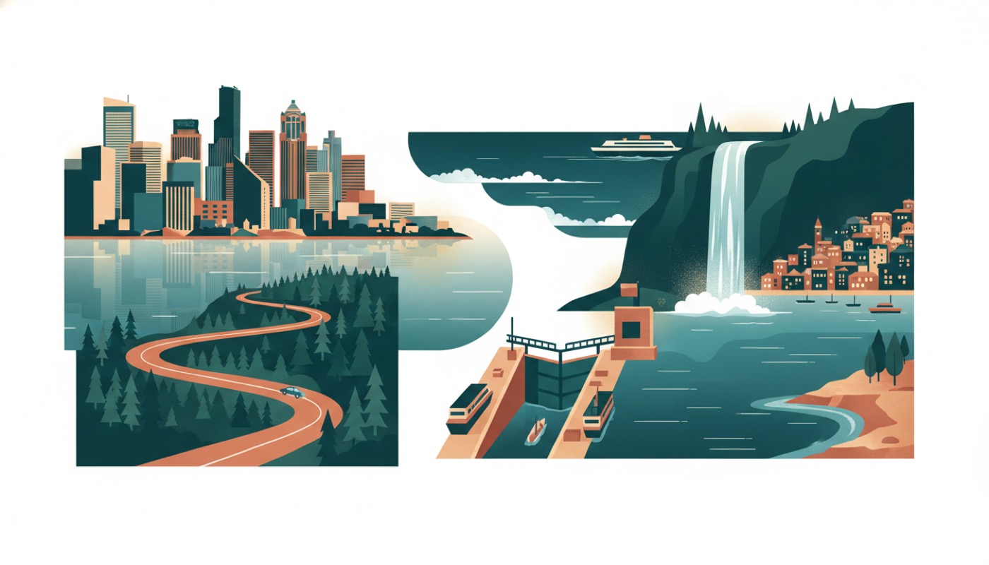 Illustrated self-drive route across Greater Seattle, Bellevue, Kirkland, Issaquah, Snoqualmie, Discovery Park, Ballard Locks, and Whidbey Island