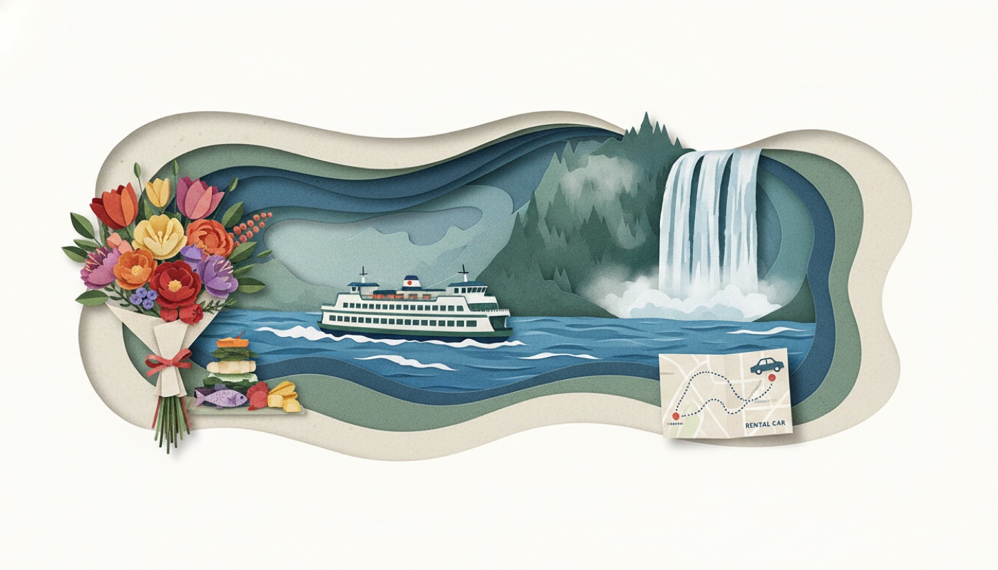 Illustrated cards showing Seattle food, locks, waterfall, ferry, and route tour ideas