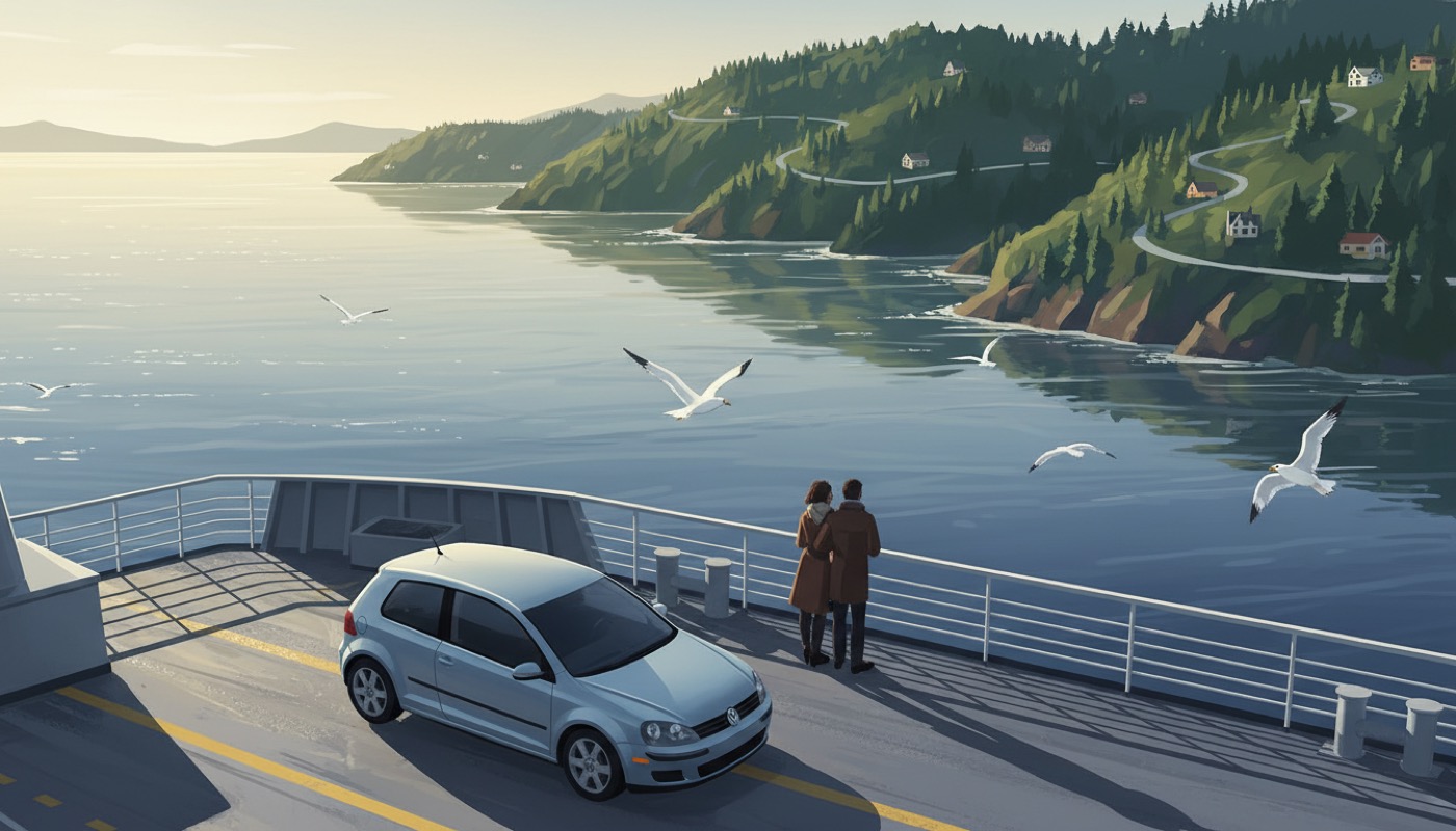 Illustration of a car boarding the Mukilteo ferry for a Whidbey Island day trip