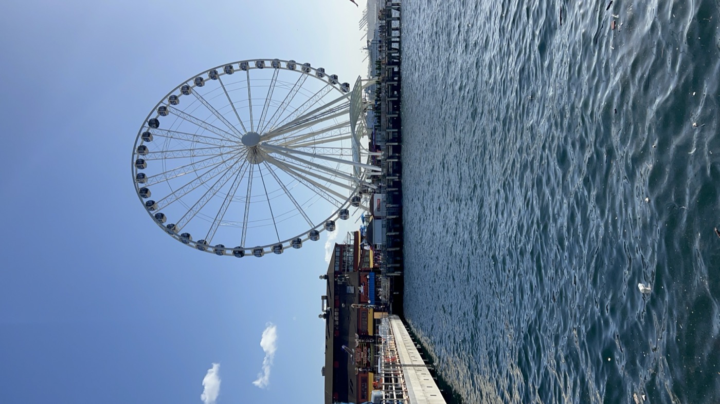 Seattle waterfront with ferris wheel and Puget Sound views
